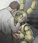  1boy animal_ears blood blood_on_hands blue_eyes brown_hair checkered_floor dual_persona five_nights_at_freddy&#039;s five_nights_at_freddy&#039;s_3 highres oyoso_goku rabbit_ears short_hair spring_bonnie_(fnaf) william_afton 