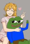  1boy 1girl apu_apustaja aspie blonde_hair boy&#039;s_club closed_eyes colored_skin dress frilled_sleeves frills frog green_skin grey_background hair_between_eyes heart highres messy_hair original pepe_the_frog perfect_han personification pink_dress ponytail teeth v 