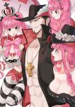  1boy 3girls abs bare_shoulders black_eyes black_headwear breasts cleavage collarbone cross cross_necklace crown dracule_mihawk drill_hair facial_hair goatee hat jewelry joman large_breasts lipstick makeup mini_crown multiple_girls multiple_persona mustache necklace one_piece perona pink_hair pout striped striped_legwear twin_drills twintails twitter_username umbrella 