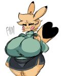  absurd_res anthro big_breasts blonde_hair bottomwear breasts clothing dipstick_ears dipstick_tail english_text eyes_closed female hair hi_res huge_breasts lewd_dorky markings multicolored_ears nintendo pikachu pok&eacute;mon pok&eacute;mon_(species) skirt smile solo sweater tail_markings text thick_thighs topwear video_games wide_hips yellow_body 