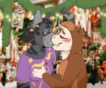  absurd_res anthro antlers asian_mythology blue_eyes blush breast_grab breasts christmas cinnamon_(bunwithmemes) clothing domestic_cat dra&#039;kata_(jacknone) duo east_asian_mythology embrace eyes_closed facial_markings fangs felid feline felis female female/female forehead_markings foxyffox fur fur_markings hand_on_breast head_markings head_tuft hi_res holidays horn hug japanese_mythology kissing lagomorph leporid mammal markings mistletoe mythology nekomata piercing plant purple_clothing rabbit reindeer_costume shirt topwear tuft vampire white_body white_fur yōkai 