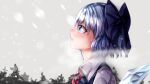  1girl blue_bow blue_eyes blue_hair bow cirno collared_shirt commentary_request from_side grey_background hair_between_eyes hair_bow highres ice ice_wings looking_up maboroshi_mochi neck_ribbon open_mouth outdoors profile red_ribbon ribbon shiny shiny_hair shirt snowing solo touhou white_shirt wings winter 
