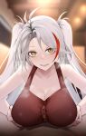  antenna_hair artist_name azur_lane bangs bare_arms bare_shoulders blurry blurry_background breasts breath buttons collarbone dress grey_hair highres large_breasts long_hair looking_at_viewer multicolored_hair omino_hoku open_mouth paizuri paizuri_under_clothes pov prinz_eugen_(azur_lane) sleeveless sleeveless_dress smile solo_focus streaked_hair swept_bangs twintails two_side_up upper_body white_hair yellow_eyes 