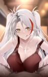  antenna_hair artist_name azur_lane bangs bare_arms bare_shoulders blurry blurry_background breasts breath collarbone cum cum_on_body cum_on_breasts dress ejaculation grey_hair highres large_breasts licking_lips long_hair looking_at_viewer multicolored_hair off_shoulder omino_hoku paizuri paizuri_under_clothes pov prinz_eugen_(azur_lane) sleeveless sleeveless_dress smile solo_focus streaked_hair swept_bangs tongue tongue_out twintails two_side_up upper_body white_hair yellow_eyes 