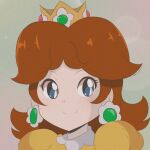  1980s_(style) 1girl artist_name bangs blue_eyes braid brooch brown_hair chocomiru closed_mouth crown_braid dress earrings gloves gloves_removed jewelry looking_at_viewer mario_(series) princess princess_daisy retro_artstyle short_hair smile solo sparkle_background tiara upper_body yellow_dress 