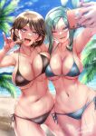  2girls :d ;d \m/ aqua_eyes aqua_hair aqua_nails bangs bare_shoulders beach bikini black_bikini blue_hair blue_sky breast_press breasts brown_hair cleavage cloud collarbone commentary_request cowboy_shot day earrings eyebrows_visible_through_hair groin hair_between_eyes hand_on_another&#039;s_shoulder highres holding holding_phone jewelry large_breasts lisia_(pokemon) looking_at_phone medium_breasts midriff multiple_girls navel ocean one_eye_closed one_side_up open_mouth outdoors palm_leaf phone pink_nails pokemon pokemon_(anime) pokemon_swsh_(anime) rotom rotom_phone selfie serena_(pokemon) shadow short_hair side-tie_bikini sidelocks signature sky smile standing swimsuit takecha teeth wet 