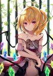  1girl ahoge babydoll bandage_over_one_eye blonde_hair blush cross cross_necklace crystal expressionless flandre_scarlet groin hyurasan iron_bars jewelry looking_at_viewer navel necklace one_side_up plant red_eyes solo strap_slip stuffed_animal stuffed_toy teddy_bear touhou wings 