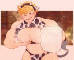  1boy absurdres alternate_costume animal_ears animal_print bangs bara bare_pectorals blonde_hair blush briefs bulge character_name commission cow_boy cow_ears cow_print cow_tail cup fake_animal_ears falling_petals granblue_fantasy green_eyes highres holding holding_cup large_pectorals male_focus male_lactation male_underwear manboobs milk muscular muscular_male navel nipples one_eye_closed open_mouth pectoral_lift pectorals petals rapbitan short_hair smile solo spilled_milk tail underwear vane_(granblue_fantasy) 