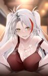  antenna_hair artist_name azur_lane bangs bare_arms bare_shoulders blurry blurry_background breasts breath collarbone cum cum_on_body cum_on_breasts dress grey_hair highres large_breasts long_hair looking_at_viewer multicolored_hair off_shoulder omino_hoku open_mouth paizuri paizuri_under_clothes pov prinz_eugen_(azur_lane) sleeveless sleeveless_dress smile solo_focus streaked_hair swept_bangs twintails two_side_up upper_body white_hair yellow_eyes 