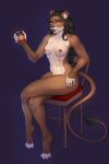  anthro athletic athletic_anthro athletic_female black_hair braided_hair braided_ponytail breasts brown_body brown_fur chair claws container crossed_legs cup drinking_glass felid female fur furniture glass glass_container glass_cup hair hi_res ice_cube lion looking_at_viewer mammal monian nipples nude pantherine scar simple_background sitting solo tail_tuft tuft yellow_eyes 