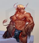  abs anthro blonde_hair bottomwear bovid bovine brown_body brown_fur bulge clothed clothing ear_piercing ear_ring facial_piercing fur hair horn kneeling loincloth male mammal mostly_nude muscular muscular_anthro muscular_male nose_piercing nose_ring pecs piercing skimpy sleepymute solo tail_tuft tuft 