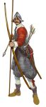  1boy absurdres armor arrow_(projectile) beard black_eyes bow_(weapon) breastplate facial_hair faulds grey_pants helmet highres holding holding_arrow holding_bow_(weapon) holding_weapon long_sleeves looking_at_viewer male_focus morion mossacannibalis mustache original pants puffy_pants quiver ready_to_draw red_shirt shirt simple_background solo weapon white_background 