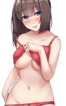  1girl absurdres akizuki_(kancolle) alternate_hairstyle areola_slip areolae bangs black_hair blue_eyes blush bra bra_pull breasts clothes_pull eyebrows_visible_through_hair hair_between_eyes hair_down highres kantai_collection kiritto medium_breasts off_shoulder panties parted_lips red_bra red_panties simple_background solo sweat underwear upper_body white_background 
