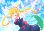  1girl :d asukamama89 back_bow bangs blush bow collared_shirt double_v dragon_horns dragon_tail dress elbow_gloves eyebrows_visible_through_hair frills gloves gradient_hair highres horns impossible_clothes kobayashi-san_chi_no_maidragon lens_flare lens_flare_abuse light_rays long_hair looking_at_viewer maid maid_headdress multicolored_hair neckerchief open_mouth orange_eyes orange_hair outstretched_arms pinafore_dress puffy_short_sleeves puffy_sleeves rainbow shirt short_sleeves sky smile solo tail thighs tohru_(maidragon) twintails v 