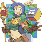  1girl animal_ears armor blue_hair breasts brown_gloves cape choker circlet crop_top fang fantasy gloves green_choker green_eyes holding holding_staff long_hair looking_at_viewer map medium_breasts midriff mizuno_(okn66) open_mouth pouch rabbit_ears rpg_maker ship solo staff watercraft 