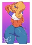  &lt;3 activision anthro ascended_cake back_boob big_breasts blonde_hair bodily_fluids bottomwear breasts butt clothing coco_bandicoot crash_bandicoot_(series) denim denim_clothing female hair hi_res jeans pants solo spanking sweat thick_thighs thong underwear video_games 