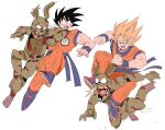  2boys animal_ears bendedede black_hair blonde_hair crossover dougi dragon_ball dragon_ball_z five_nights_at_freddy&#039;s kicking multiple_boys rabbit_ears short_hair son_goku spiked_hair springtrap super_saiyan super_saiyan_1 