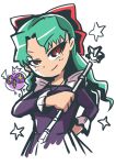  1girl 1other ajura_(kiiroi_kaiten_mokuba) cosmic_baton_girl_comet-san dress green_eyes green_hair purple_dress white_background 