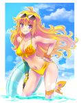  1girl ahoge bikini blonde_hair blue_sky blush breasts cloud commentary_request contrapposto eyewear_on_head flame_print floating_hair grin halterneck hand_on_hip hand_on_own_thigh highres iesupa large_breasts leaning_forward leg_ribbon long_hair looking_at_viewer prosthesis prosthetic_arm purple_eyes ribbon rwby scrunchie sky smile solo sunglasses swimsuit thigh_ribbon wading water wavy_hair wrist_scrunchie yang_xiao_long yellow_ribbon 