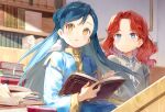  1boy 1girl animal_on_shoulder bangs bird bird_on_shoulder blue_dress blue_eyes book bookshelf dress gilse grey_shirt hair_bun hartmut_(honzuki_no_gekokujou) holding holding_book honzuki_no_gekokujou looking_to_the_side maine_(honzuki_no_gekokujou) official_art open_mouth parted_bangs red_hair shirt smile yellow_eyes 