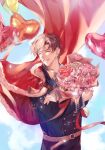  1boy :d artem_wing_(tears_of_themis) balloon blue_jacket blue_sky bouquet cape closed_eyes cloud cloudy_sky flower gloves grin holding holding_bouquet jacket jia_yoo long_sleeves open_mouth pink_flower pink_rose red_cape rose short_hair sky smile solo tears_of_themis teeth white_gloves 