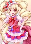  1girl aisaki_emiru blonde_hair cure_macherie dress earrings eyebrows_behind_hair eyeshadow frills gloves hair_ornament heart_pouch hugtto!_precure jewelry looking_at_viewer makeup open_mouth pink_dress pom_pom_(clothes) pom_pom_earrings precure puffy_short_sleeves puffy_sleeves red_ribbon ribbon sash shirt short_sleeves sleeveless sleeveless_dress smile solo ten_(tenchan_man) thighhighs twintails white_gloves white_legwear white_shirt 