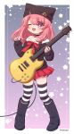  1girl :d animal_hat bangs blush boots cat_hat choker electric_guitar guitar hat hat_pin highres holding holding_instrument holding_plectrum instrument knee_boots long_hair long_sleeves looking_at_viewer miharu_(youkai_watch) off-shoulder_shirt off_shoulder one_eye_closed open_mouth pink_hair pleated_skirt plectrum purple_eyes ribbon shirt skirt sleeves_past_wrists smile solo striped striped_legwear tabana thighhighs twitter_username youkai_watch youkai_watch_jam:_youkai_gakuen_y 