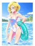  1girl blonde_hair blue_sky breasts casual casual_one-piece_swimsuit cleavage cloud commentary_request contrapposto day earrings glasses glynda_goodwitch green_eyes hair_bun hand_on_hip hand_on_own_thigh highres iesupa innertube jewelry looking_away mature_female medium_breasts o-ring o-ring_swimsuit one-piece_swimsuit outdoors rwby sky solo standing swimsuit wading water white_swimsuit 