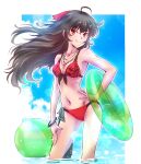  &gt;:) 1girl ahoge armpits ball bangle beach beachball bikini black_hair blue_sky blurry bokeh bracelet breasts cleavage cloud commentary_request contrapposto day depth_of_field eyebrows_visible_through_hair front-tie_bikini front-tie_top green_innertube hair_ornament hand_on_hip hand_on_own_thigh highres iesupa innertube jewelry long_hair mature_female navel necklace outdoors raven_branwen red_bikini red_eyes rwby scar sky small_breasts smile solo standing swimsuit transparent v-shaped_eyebrows wading water 