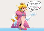  1girl blush crown dress earrings elbow_gloves english_commentary english_text gloves high_heels highres jewelry mario_(series) open_mouth pink_dress pink_footwear princess_peach smile solo sparkle speech_bubble thegreyzen white_gloves 