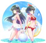  2girls ass ball beachball bikini black_hair bob_cut breasts cleavage cloud cloudy_sky commentary_request feathers flower green_eyes hair_flower hair_ornament highres iesupa innertube jewelry long_hair medium_breasts melanie_malachite miltiades_malachite multiple_girls navel necklace red_bikini rwby siblings sisters sky sparkle swimsuit transparent twins wading water white_bikini wristband 