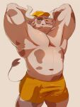  anthro big_muscles blue_eyes bottomwear bovid bovine cattle clothing hands_behind_head hat headgear headwear hi_res horn looking_at_viewer male mammal muscular muscular_anthro muscular_male shorts simple_background sleepymute solo tail_tuft tuft 
