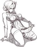  1girl arm_support bandaged_leg bandaged_neck bandages blush braid closed_mouth flower frilled_panties frills futanari grey_background greyscale hair_flower hair_ornament half-closed_eyes highres kaine_(nier) kneeling long_hair monochrome nier_(series) panties penis ribbon simple_background sketch skindentation solo standby testicles underwear veins veiny_penis 