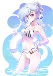  1girl bikini blue_eyes blue_sky bow breasts cleavage collarbone commentary_request day hair_bow hair_bun halterneck hand_on_hip highres holding holding_innertube iesupa innertube medium_breasts navel rwby sky solo stomach striped striped_bikini swimsuit wading water wet white_hair winter_schnee 