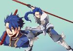  0nodera 1boy armor bandaged_leg bandages blue_hair cu_chulainn_(fate) cu_chulainn_(fate/prototype) fangs fate/prototype fate_(series) floating_hair full_body fur_trim gae_bolg_(fate) gauntlets gloves grin holding holding_polearm holding_weapon jewelry long_hair male_focus multiple_views necklace open_mouth pants pauldrons polearm ponytail red_eyes shoulder_armor smile solo spiked_hair weapon 