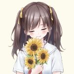  1girl bangs blush brown_hair closed_eyes eyebrows_visible_through_hair flower free_palet hair_ribbon hand_on_own_chest head_tilt holding holding_flower long_hair original ribbon school_uniform serafuku short_sleeves smile solo sunflower twintails 