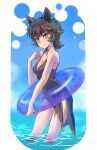  1girl animal_ears black_hair blue_innertube blue_sky breasts casual_one-piece_swimsuit cat_ears cat_girl cleavage cloud commentary_request earrings highres iesupa innertube jewelry kali_belladonna mature_female medium_breasts one-piece_swimsuit paw_print rwby sky smile solo swimsuit transparent wading water yellow_eyes 