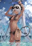  1girl absurdres arms_up bangs blue_archive blue_sky breasts brown_eyes cleavage cloud dark-skinned_female dark_skin eyebrows_visible_through_hair eyewear_on_head grey_hair hair_over_one_eye heart heart_tail highres horizon iori_(blue_archive) iori_(swimsuit)_(blue_archive) leg_strap long_hair looking_at_viewer medium_breasts navel ocean open_mouth outdoors partially_submerged pointy_ears sky solo standing sunglasses tail the_olphy twintails v-shaped_eyebrows very_long_hair 