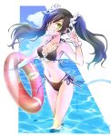  1girl alternate_hairstyle bikini black_bikini black_hair blue_sky breasts cleavage cloud cloudy_sky commentary_request day green_eyes grin hair_ribbon halterneck highres iesupa innertube medium_breasts navel neo_politan ribbon rwby side-tie_bikini sky smile solo string_bikini swimsuit twintails w wading water wrist_ribbon 