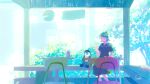  1girl awning bench bird black_dress blue_hair blurry blurry_background bush cafe chair commentary cup dress english_commentary feet_out_of_frame flipped_hair holding holding_cup kettle light_smile original penguin scenery short_hair signature sitting spring_(season) tabi_(tabisumika) table tree 