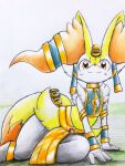  ambiguous_gender anthro blush braixen canid canine clothing egyptian eiroru fox fur hi_res inner_ear_fluff mammal nintendo orange_eyes pok&eacute;mon pok&eacute;mon_(species) pokemon_unite ruins_style_lucario solo tuft video_games yellow_body yellow_fur 