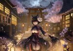  1girl animal_ear_fluff animal_ears architecture azur_lane black_hair black_kimono black_panties breasts cat_mask center_opening cherry_blossoms cleavage east_asian_architecture evil_grin evil_smile flower grin hachiware_(kagisippo2) japanese_clothes kimono large_breasts looking_at_viewer mask mask_on_head night outdoors panties pink_flower red_legwear short_hair smile solo standing torii underwear very_long_sleeves yamashiro_(azur_lane) yamashiro_(meta)_(azur_lane) 