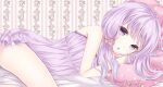  1girl bangs blush cevio chestnut_mouth dress eyebrows_visible_through_hair highres lace_trim lingerie long_hair looking_at_viewer lying nightgown on_bed on_side open_mouth parted_lips pillow ponytail purple_eyes purple_hair scrunchie scrunchie_removed solo strapless strapless_dress underwear vocaloid wallpaper_(object) yamagara yuzuki_yukari 