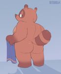  2022 animal_crossing anthro bitebox64 brown_body butt canid canine humanoid_hands male mammal moobs nintendo overweight overweight_male raccoon_dog simple_background solo tanuki tom_nook_(animal_crossing) towel video_games 