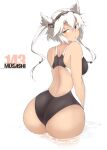  1girl :o ass back black_swimsuit breasts competition_swimsuit dark-skinned_female dark_skin grey_hair headgear kantai_collection large_breasts looking_back multicolored_clothes musashi_(kancolle) musashi_kai_ni_(kancolle) one-piece_swimsuit open_mouth red_eyes ripples shigino_sohuzi short_hair simple_background solo standing swimsuit 