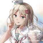  1girl :p artist_logo blonde_hair blue_background bow dress eyebrows_visible_through_hair gradient gradient_background grecale_(kancolle) green_eyes hair_between_eyes hair_ornament highres kantai_collection long_hair looking_at_viewer low-cut_armhole neckerchief pink_bow ribbon sailor_collar sailor_dress side-tie_dress sleeveless sleeveless_dress solo striped_neckerchief tongue tongue_out upper_body wavy_hair white_dress white_ribbon white_sailor_collar yorktown_cv-5 