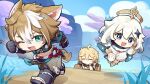  1girl 2boys aether_(genshin_impact) ahoge animal_ears aqua_eyes asymmetrical_sleeves black_gloves blonde_hair blush braid brown_gloves brown_hair chibi crop_top dog_boy dog_ears dog_tail earrings fang genshin_impact gloves gorou_(genshin_impact) hair_ornament highres japanese_clothes jewelry long_hair mechanical_halo multicolored_hair multiple_boys official_art one_eye_closed open_mouth outdoors paimon_(genshin_impact) red_eyeliner running short_hair single_braid single_earring single_thighhigh tail thighhighs two-tone_hair white_hair white_legwear 