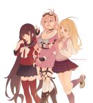  3girls ahoge akamatsu_kaede antenna_hair bangs barbed_wire black_choker blonde_hair blue_eyes blunt_bangs blush breasts brown_hair choker danganronpa_(series) danganronpa_v3:_killing_harmony ewa_(seraphhuiyu) feet_out_of_frame foot_up gloves goggles goggles_on_head grey_background hair_between_eyes hair_ornament hair_scrunchie harukawa_maki highres iruma_miu large_breasts long_hair long_sleeves low_twintails miniskirt mole mole_under_eye multiple_girls musical_note musical_note_hair_ornament necktie o-ring open_mouth pink_vest pleated_skirt red_eyes red_legwear red_scrunchie red_shirt sailor_collar school_uniform scrunchie serafuku shirt skirt smile sweater_vest thighhighs twintails vest white_shirt zettai_ryouiki 