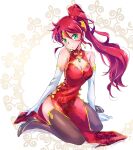 1girl bare_shoulders blush breasts brown_legwear china_dress chinese_clothes circlet cleavage cleavage_cutout clothing_cutout commentary_request dress elbow_gloves floral_print forehead_protector full_body gloves gold_trim green_eyes high_heels highres iesupa long_hair medium_breasts pelvic_curtain ponytail pyrrha_nikos red_eyes red_hair rwby sitting solo thighhighs wariza white_gloves 