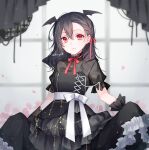  1girl bangs black_dress black_hair black_wings blurry blurry_background bow closed_mouth commentary_request curtains depth_of_field dress eyebrows_visible_through_hair frilled_dress frills hair_between_eyes head_wings highres kuroi_(liar-player) long_hair looking_at_viewer original petals puffy_short_sleeves puffy_sleeves red_bow red_eyes see-through short_sleeves smile solo twitter_username white_bow window wings 